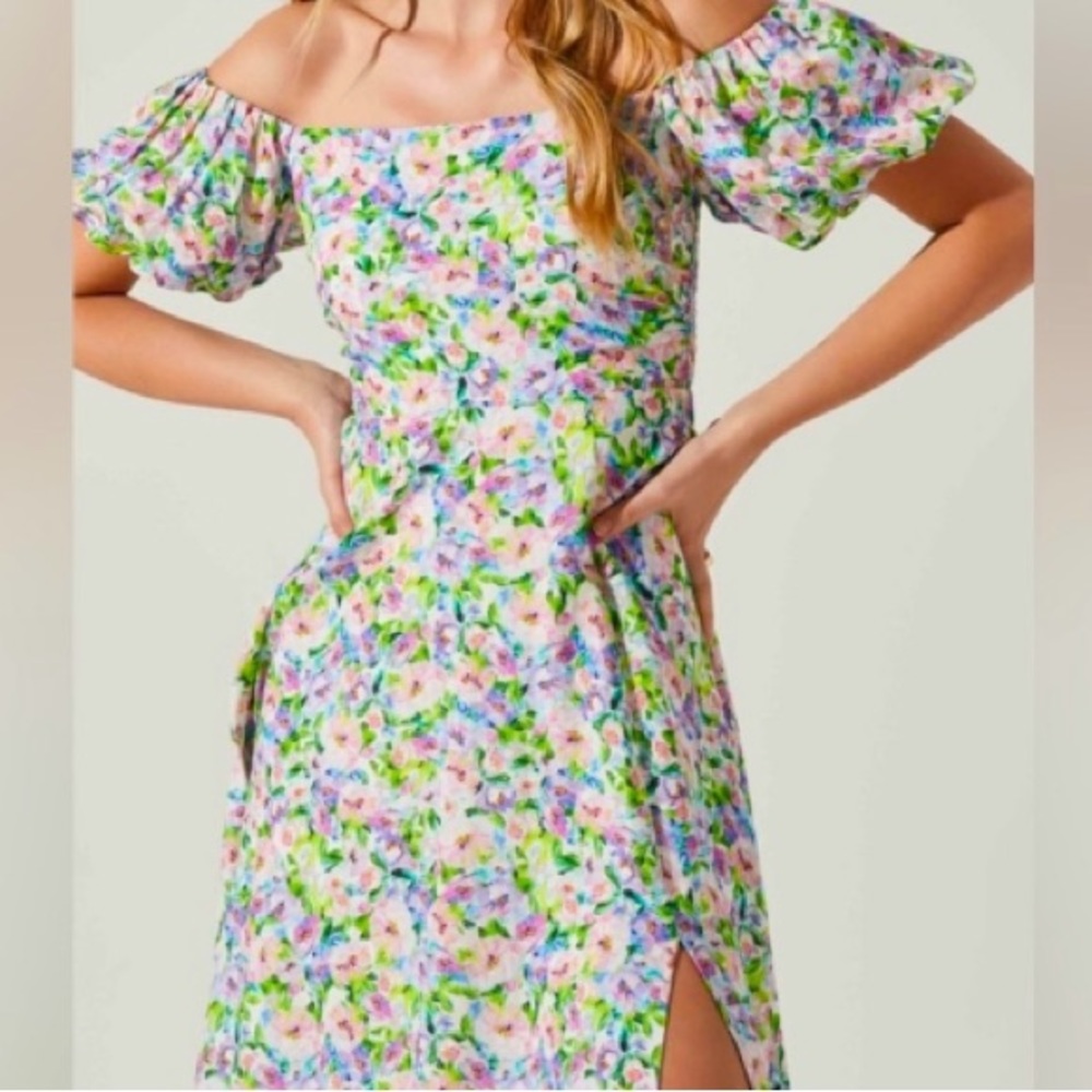 Off Shoulder Puff Sleeve Midi Dress // ASTR Small